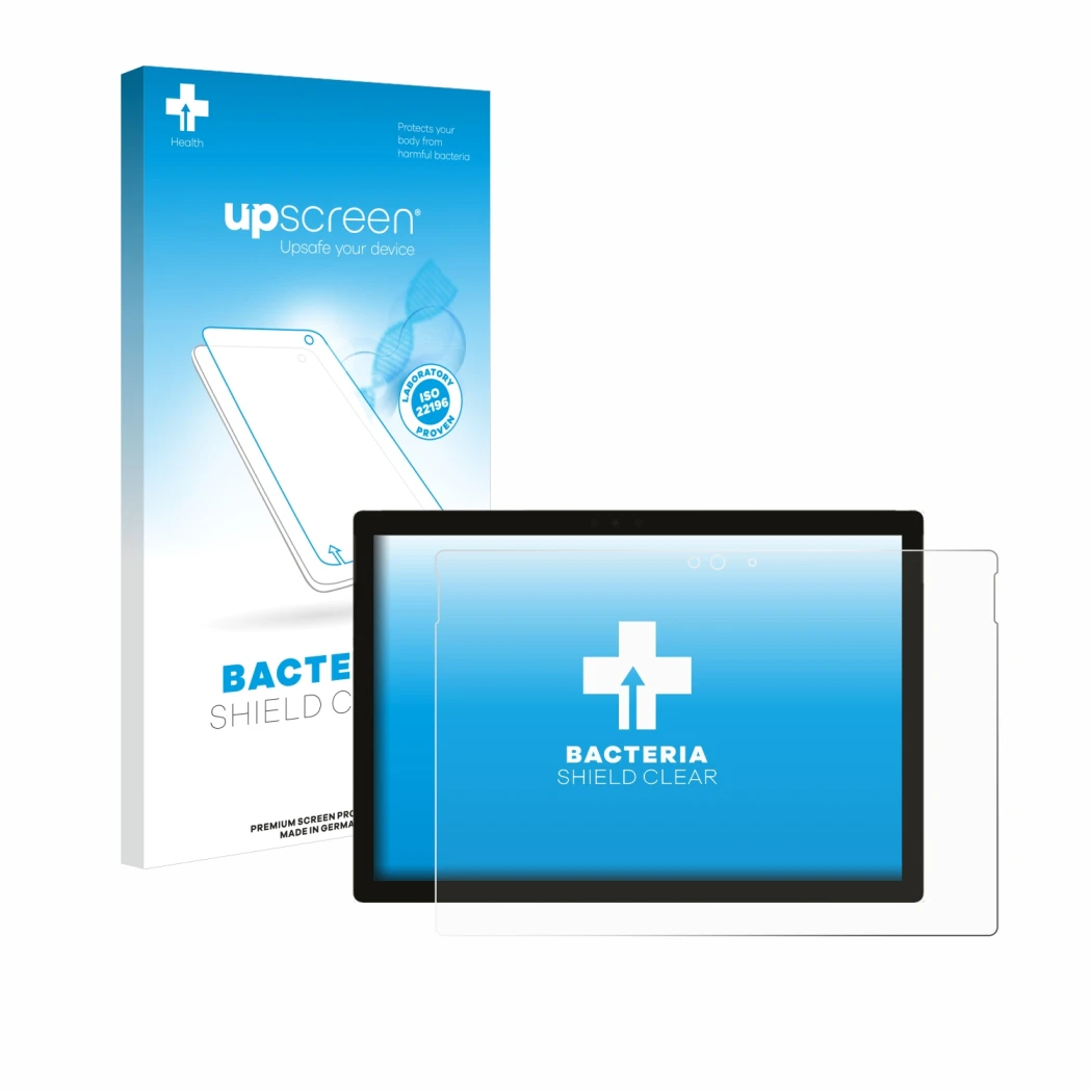 Face avant d’un emballage produit avec le logo de la marque upscreen. À côté, l’appareil Microsoft Surface Pro 5 2017 est repr
