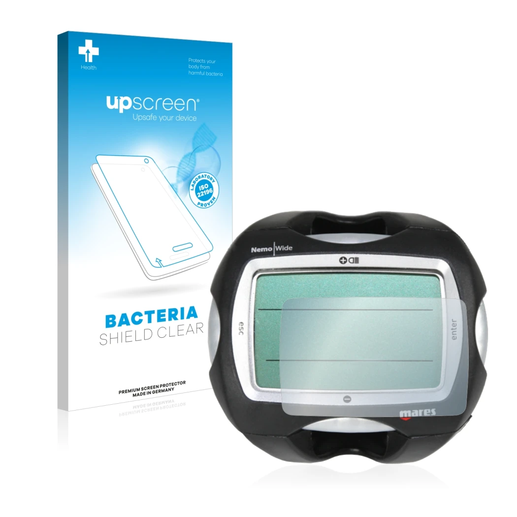 Face avant d’un emballage produit avec le logo de la marque upscreen. À côté, l’appareil Mares Nemo Wide 2 est représenté avec