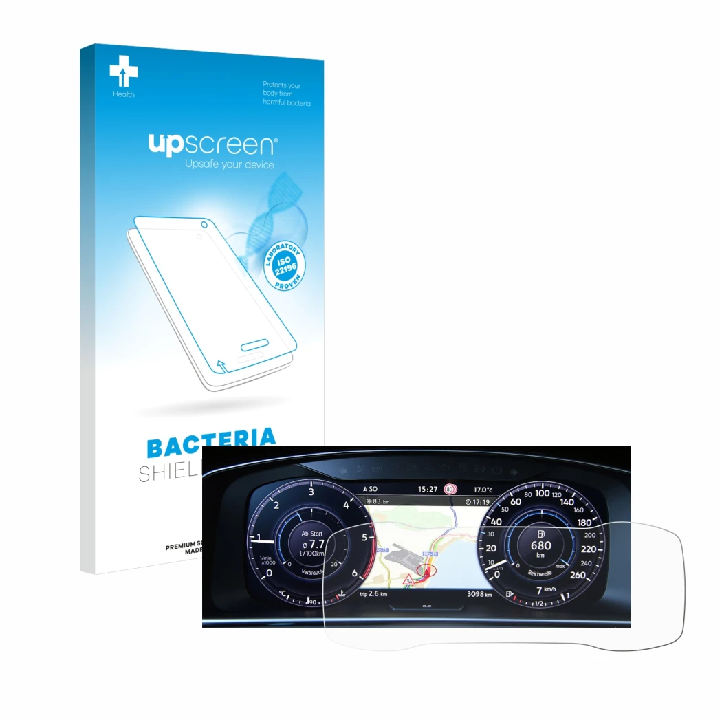 Face avant d’un emballage produit avec le logo de la marque upscreen. À côté, l’appareil Volkswagen Golf 7 Active Info Chockpi