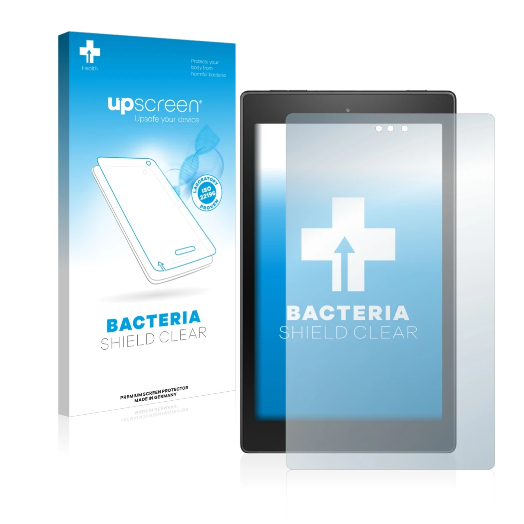 Face avant d’un emballage produit avec le logo de la marque upscreen. À côté, l’appareil Amazon Fire HD 8 2018 (8ème Gen.) est