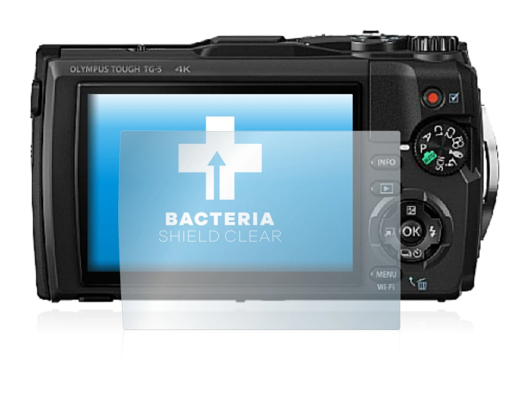 Image de l'appareil Olympus Tough TG-5 avec une grande variété de protections d'écran.