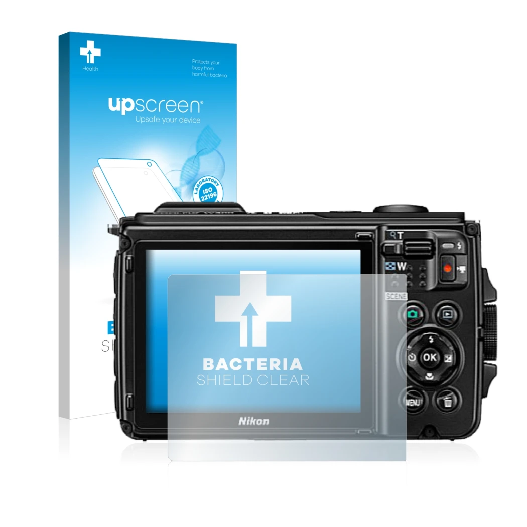 Face avant d’un emballage produit avec le logo de la marque upscreen. À côté, l’appareil Nikon Coolpix W300 est représenté ave