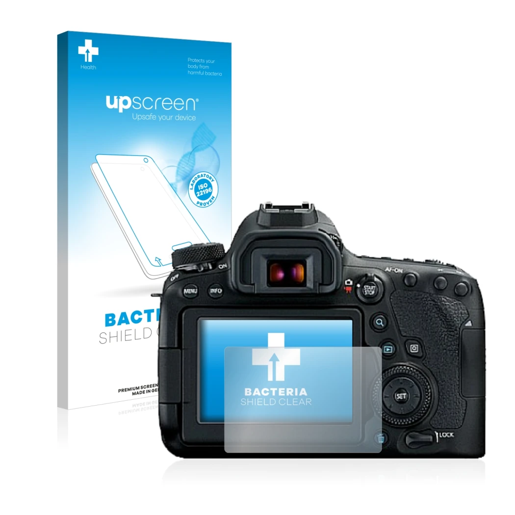 Face avant d’un emballage produit avec le logo de la marque upscreen. À côté, l’appareil Canon EOS 6D Mark II est représenté a