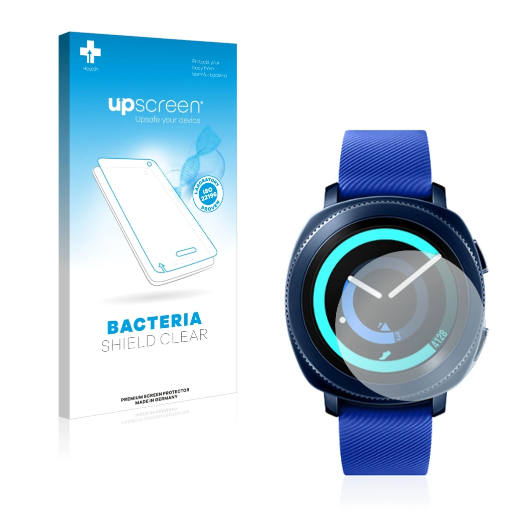 Face avant d’un emballage produit avec le logo de la marque upscreen. À côté, l’appareil Samsung Gear Sport est représenté ave