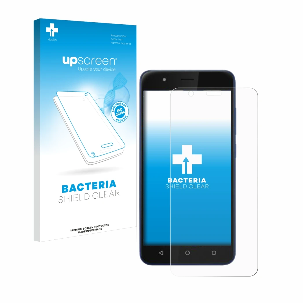 Face avant d’un emballage produit avec le logo de la marque upscreen. À côté, l’appareil Gigaset GS270 est représenté avec la