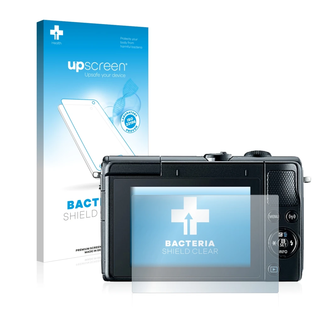 Face avant d’un emballage produit avec le logo de la marque upscreen. À côté, l’appareil Canon EOS M100 est représenté avec la