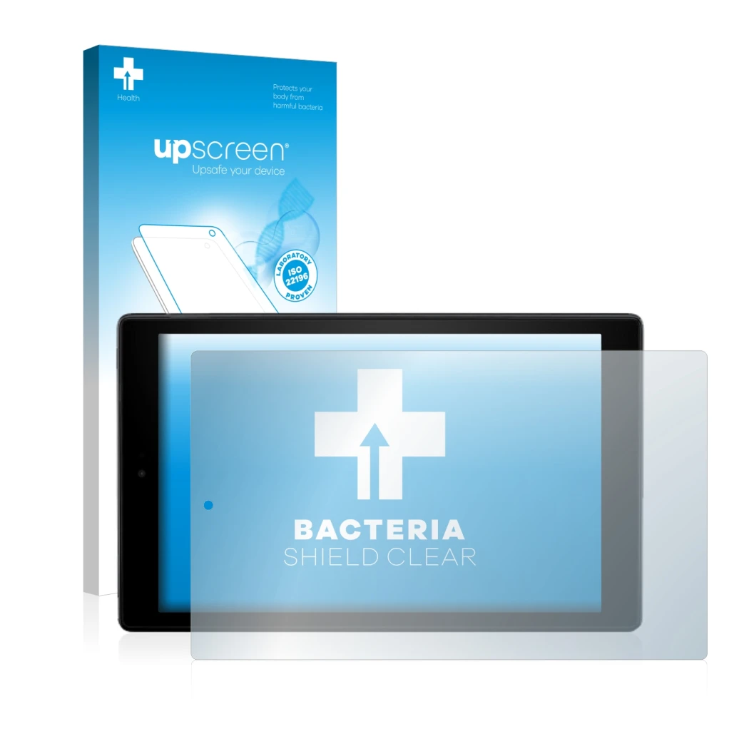Face avant d’un emballage produit avec le logo de la marque upscreen. À côté, l’appareil Amazon Fire HD 10 2017 (7ème Gen.) es