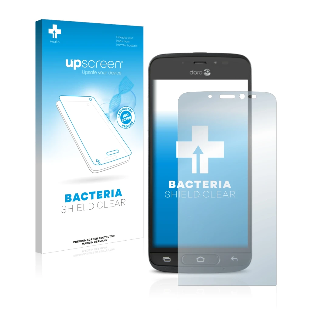 Face avant d’un emballage produit avec le logo de la marque upscreen. À côté, l’appareil Doro 8040 est représenté avec la prot