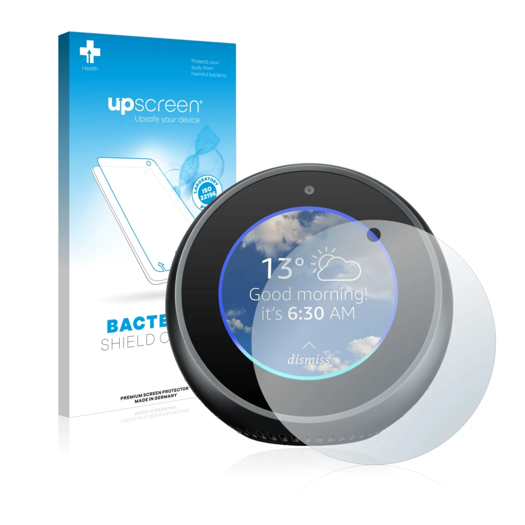 Face avant d’un emballage produit avec le logo de la marque upscreen. À côté, l’appareil Amazon Echo Spot est représenté avec 