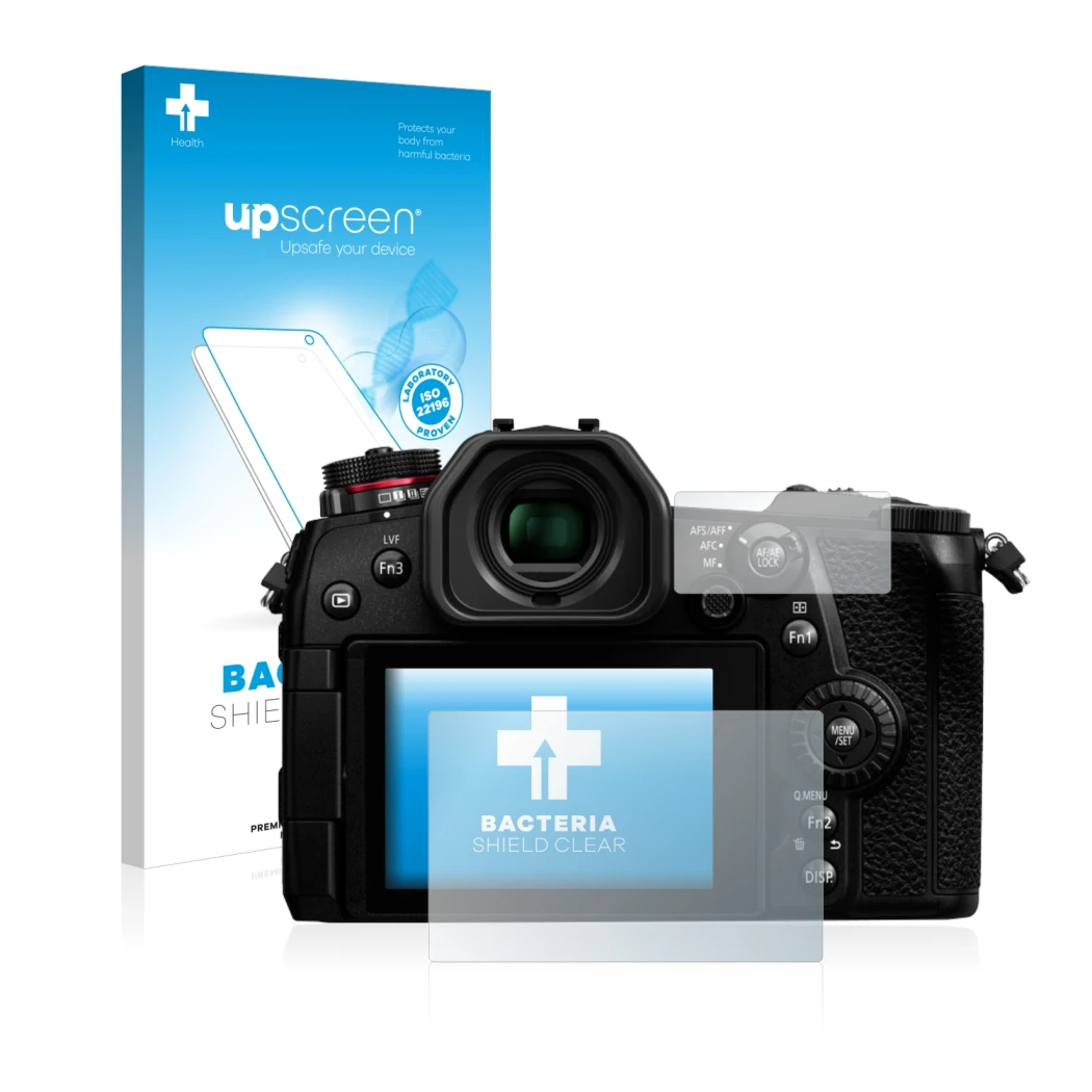 Face avant d’un emballage produit avec le logo de la marque upscreen. À côté, l’appareil Panasonic Lumix DC-G9 est représenté 