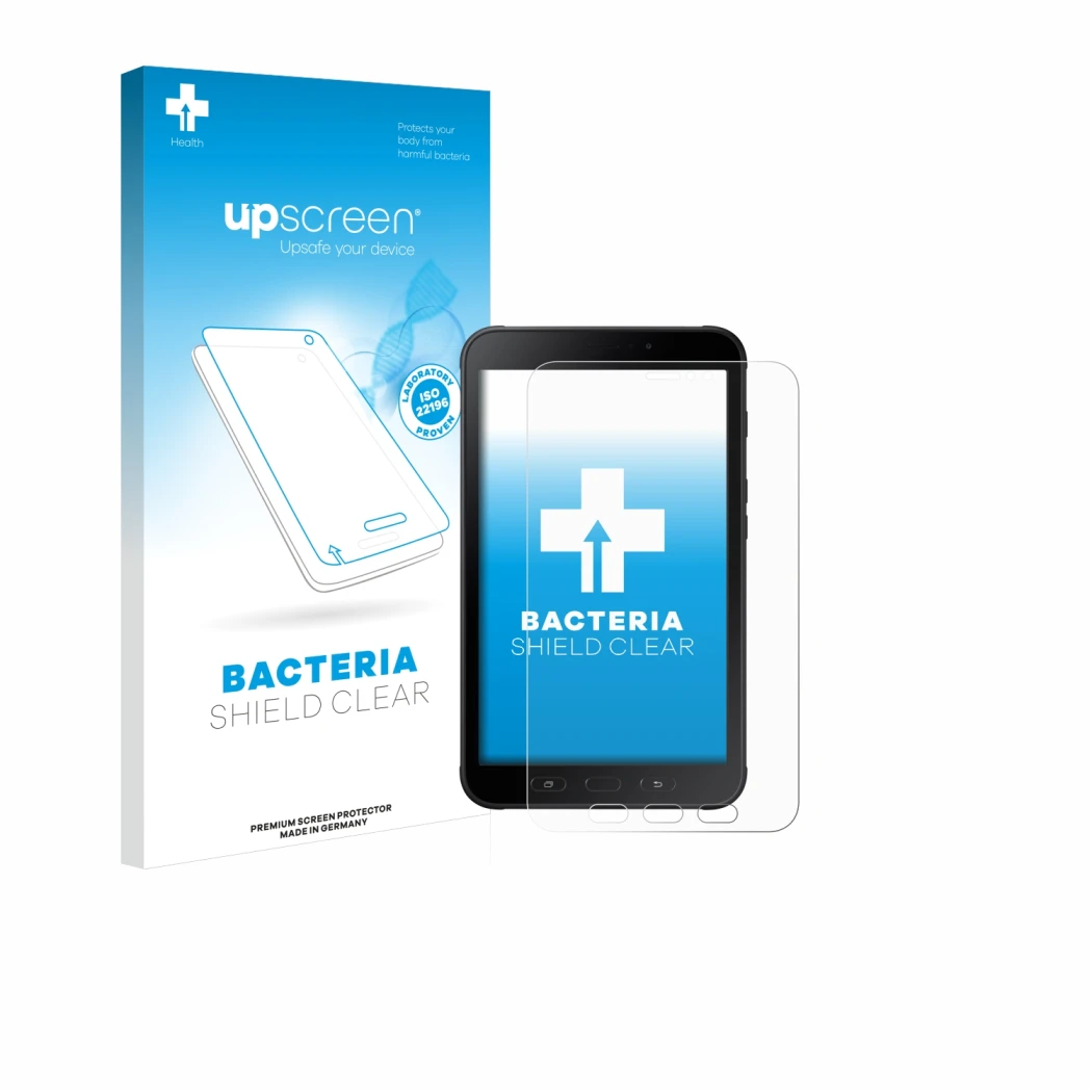 Face avant d’un emballage produit avec le logo de la marque upscreen. À côté, l’appareil Samsung Galaxy Tab Active 2 est repré