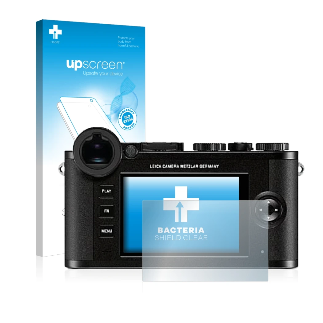 Face avant d’un emballage produit avec le logo de la marque upscreen. À côté, l’appareil Leica CL est représenté avec la prote