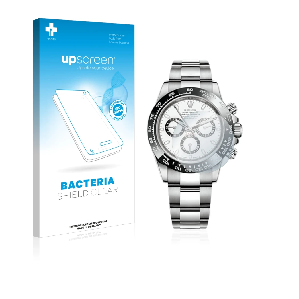 Face avant d’un emballage produit avec le logo de la marque upscreen. À côté, l’appareil Rolex Cosmograph Daytona (40 mm) est 