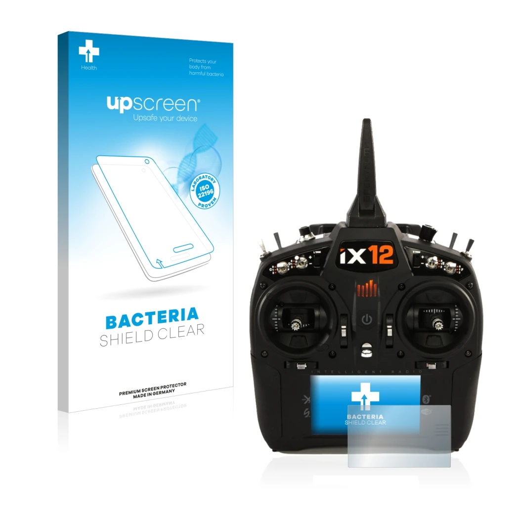 Face avant d’un emballage produit avec le logo de la marque upscreen. À côté, l’appareil Spektrum IX12 est représenté avec la 