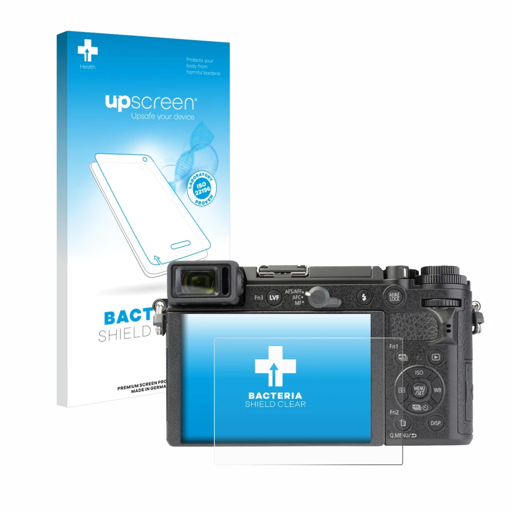 Face avant d’un emballage produit avec le logo de la marque upscreen. À côté, l’appareil Panasonic Lumix DC-GX9 est représenté