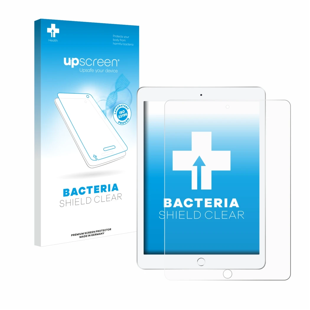 Face avant d’un emballage produit avec le logo de la marque upscreen. À côté, l’appareil Apple iPad 9.7