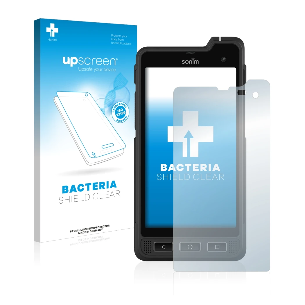 Face avant d’un emballage produit avec le logo de la marque upscreen. À côté, l’appareil Sonim XP8 est représenté avec la prot