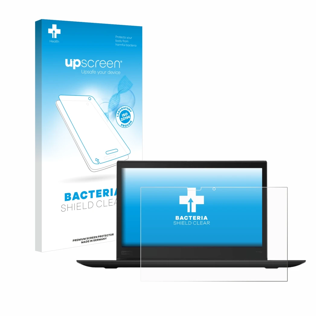 Face avant d’un emballage produit avec le logo de la marque upscreen. À côté, l’appareil Lenovo ThinkPad X1 Yoga (3ème Gen.) e