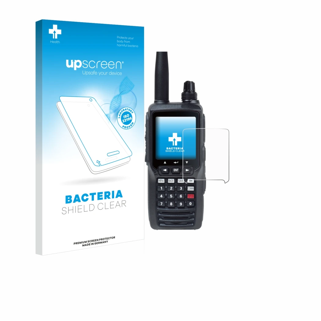 Face avant d’un emballage produit avec le logo de la marque upscreen. À côté, l’appareil Yaesu FTA-450 est représenté avec la