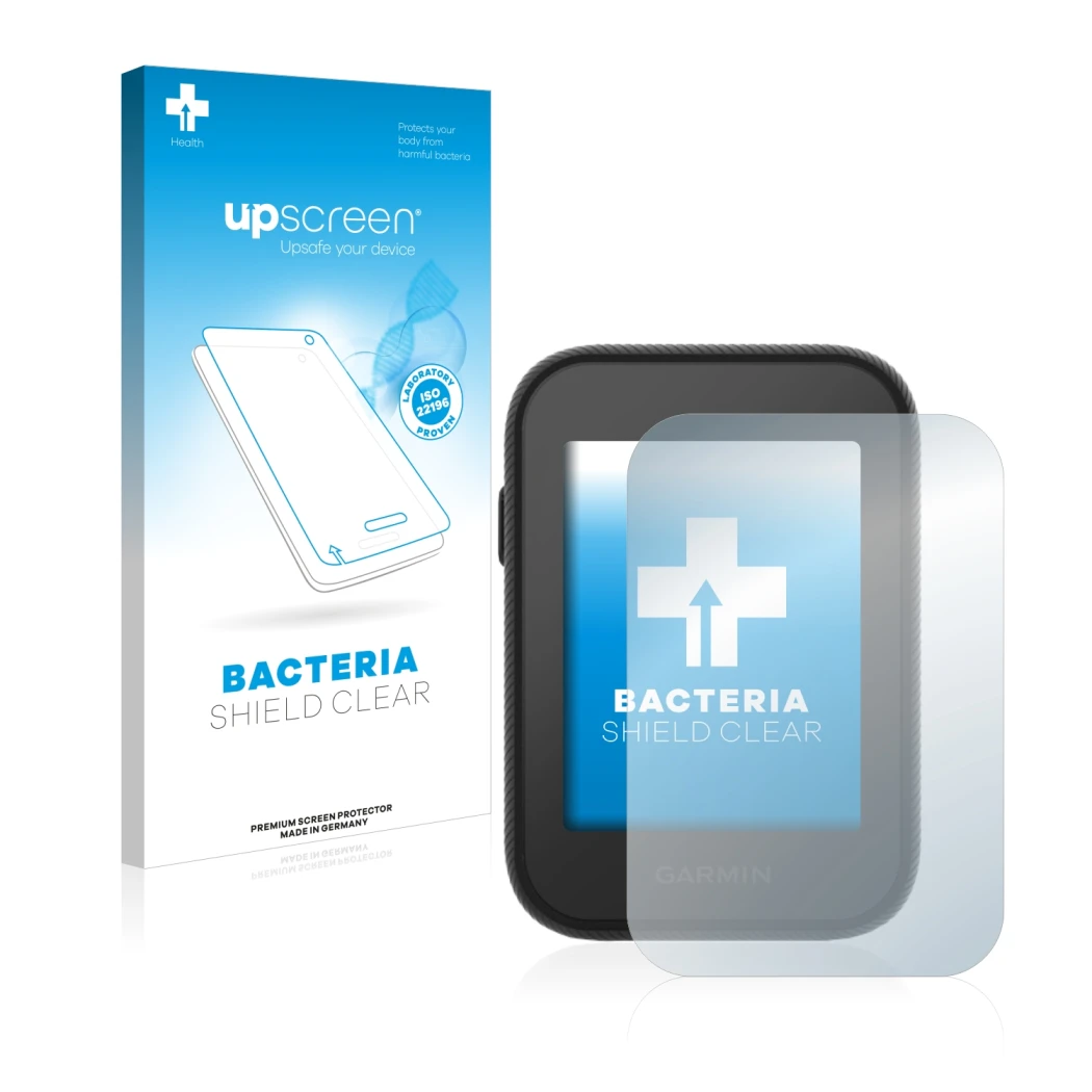 Face avant d’un emballage produit avec le logo de la marque upscreen. À côté, l’appareil Garmin Approach G30 est représenté av