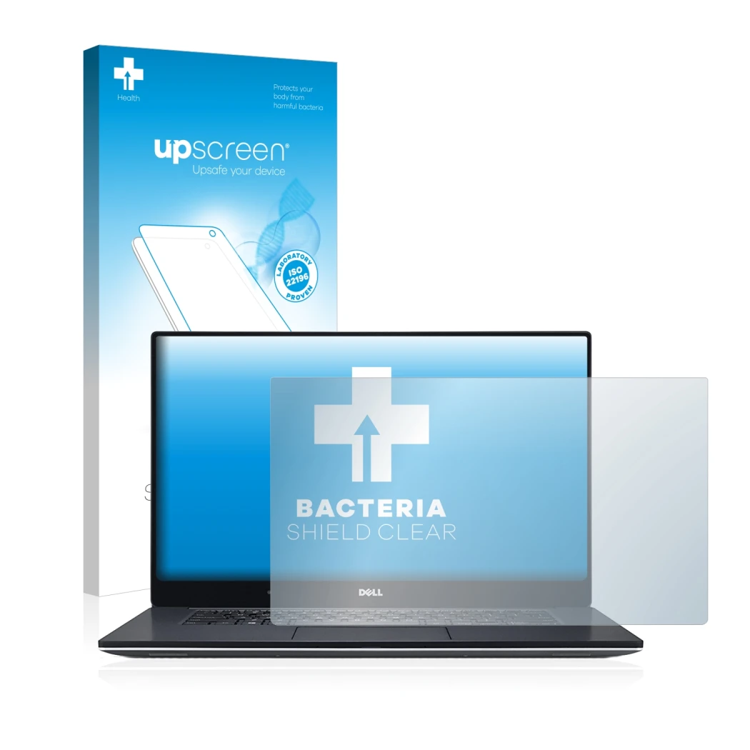 Face avant d’un emballage produit avec le logo de la marque upscreen. À côté, l’appareil Dell XPS 15 9560 est représenté avec 