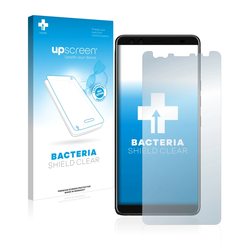 Face avant d’un emballage produit avec le logo de la marque upscreen. À côté, l’appareil HTC U12 Plus est représenté avec la p