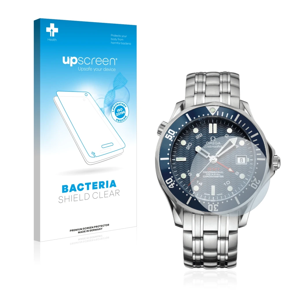 Face avant d’un emballage produit avec le logo de la marque upscreen. À côté, l’appareil Omega Seamaster Diver (41 mm) est rep
