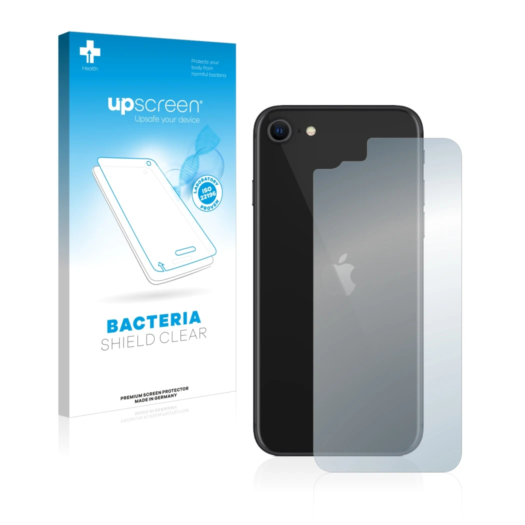 Face avant d’un emballage produit avec le logo de la marque upscreen. À côté, l’appareil Apple iPhone SE 2 2020 (Le dos) est r