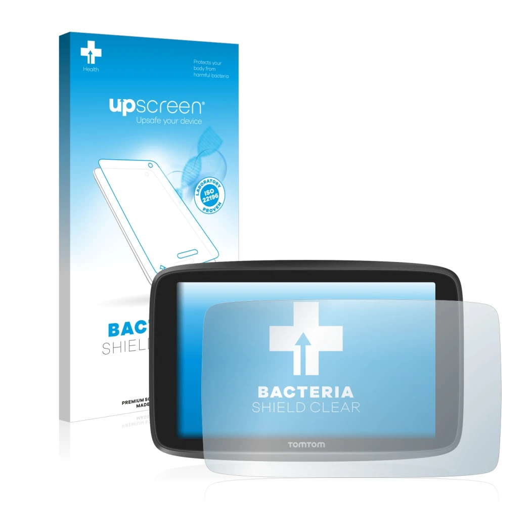 Face avant d’un emballage produit avec le logo de la marque upscreen. À côté, l’appareil TomTom GO Camper est représenté avec