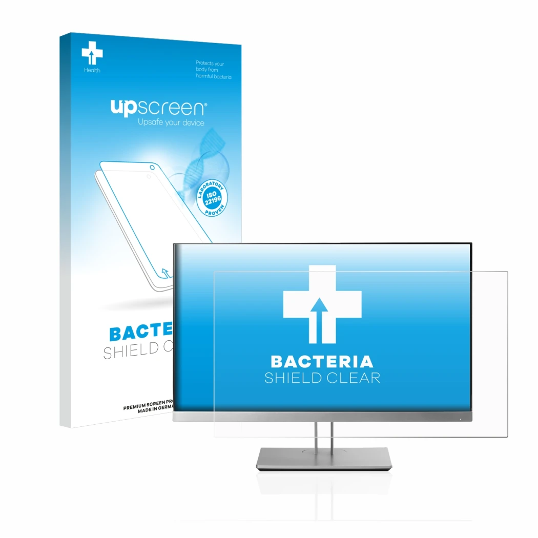 Face avant d’un emballage produit avec le logo de la marque upscreen. À côté, l’appareil HP EliteDisplay E233 est représenté a