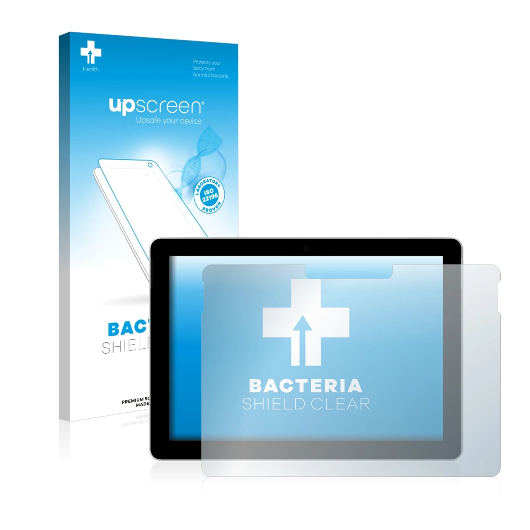 Face avant d’un emballage produit avec le logo de la marque upscreen. À côté, l’appareil Microsoft Surface Go (1ère Gen.) est 