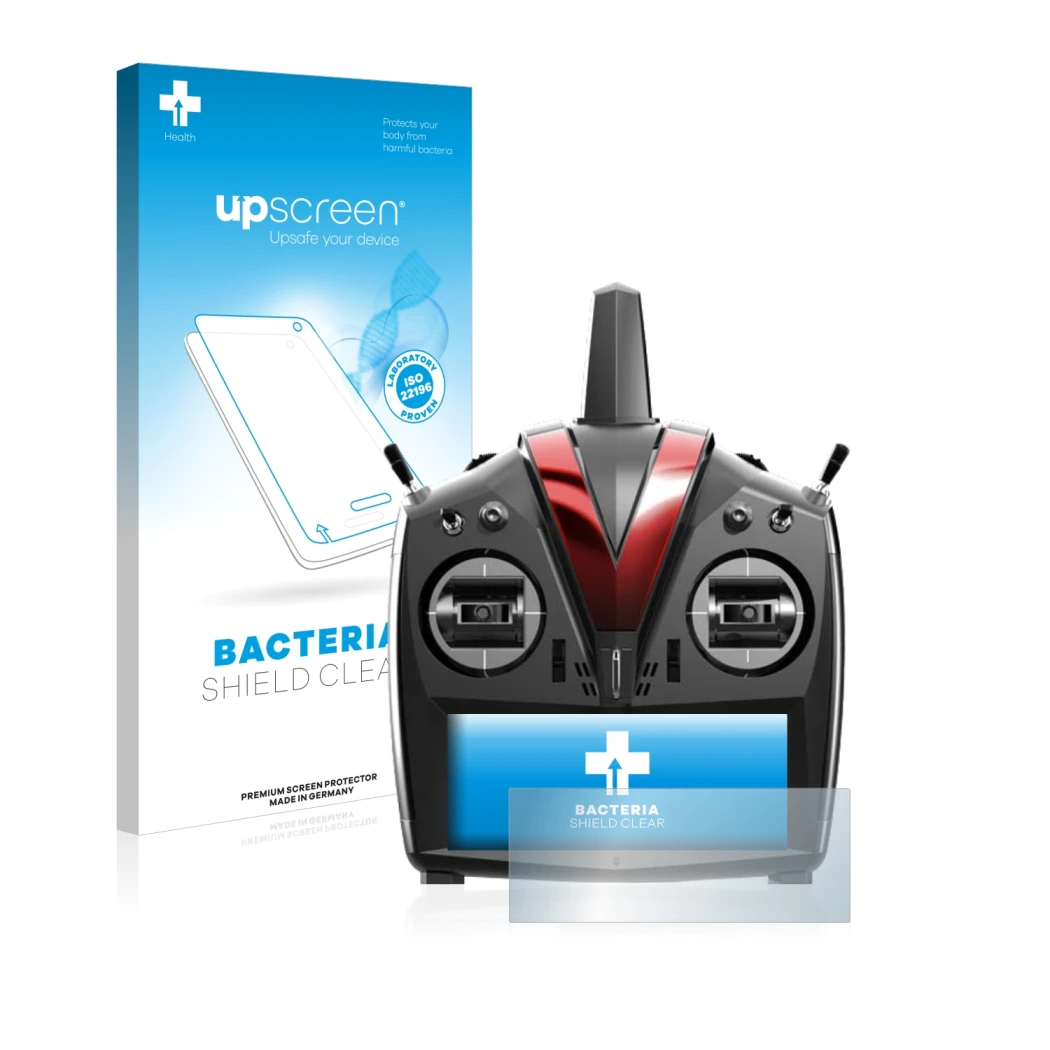 Face avant d’un emballage produit avec le logo de la marque upscreen. À côté, l’appareil VBar Control Touch est représenté ave