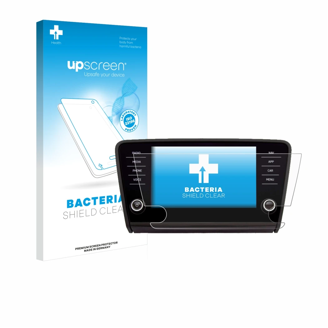 Face avant d’un emballage produit avec le logo de la marque upscreen. À côté, l’appareil Skoda Amundsen Superb 2018 Infotainme