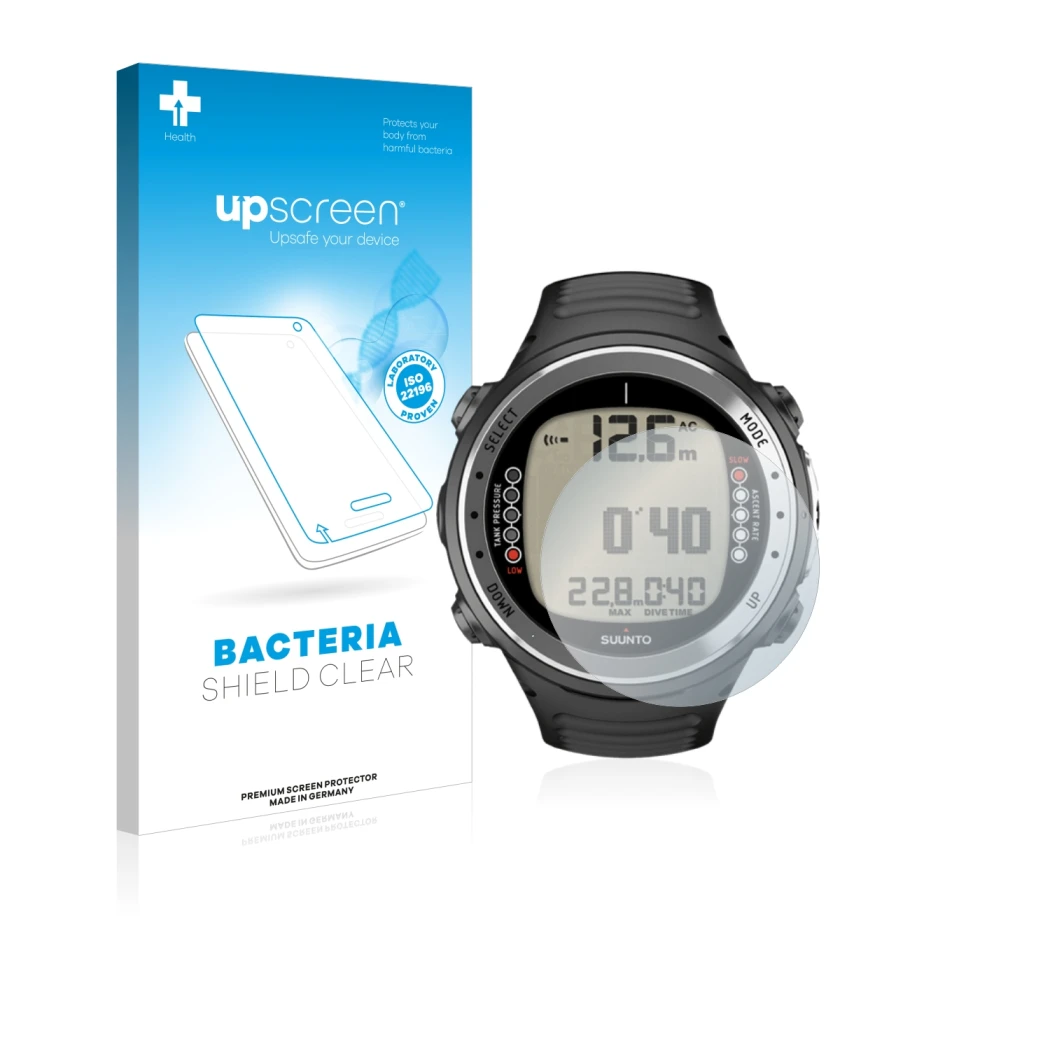Face avant d’un emballage produit avec le logo de la marque upscreen. À côté, l’appareil Suunto D4I est représenté avec la pro