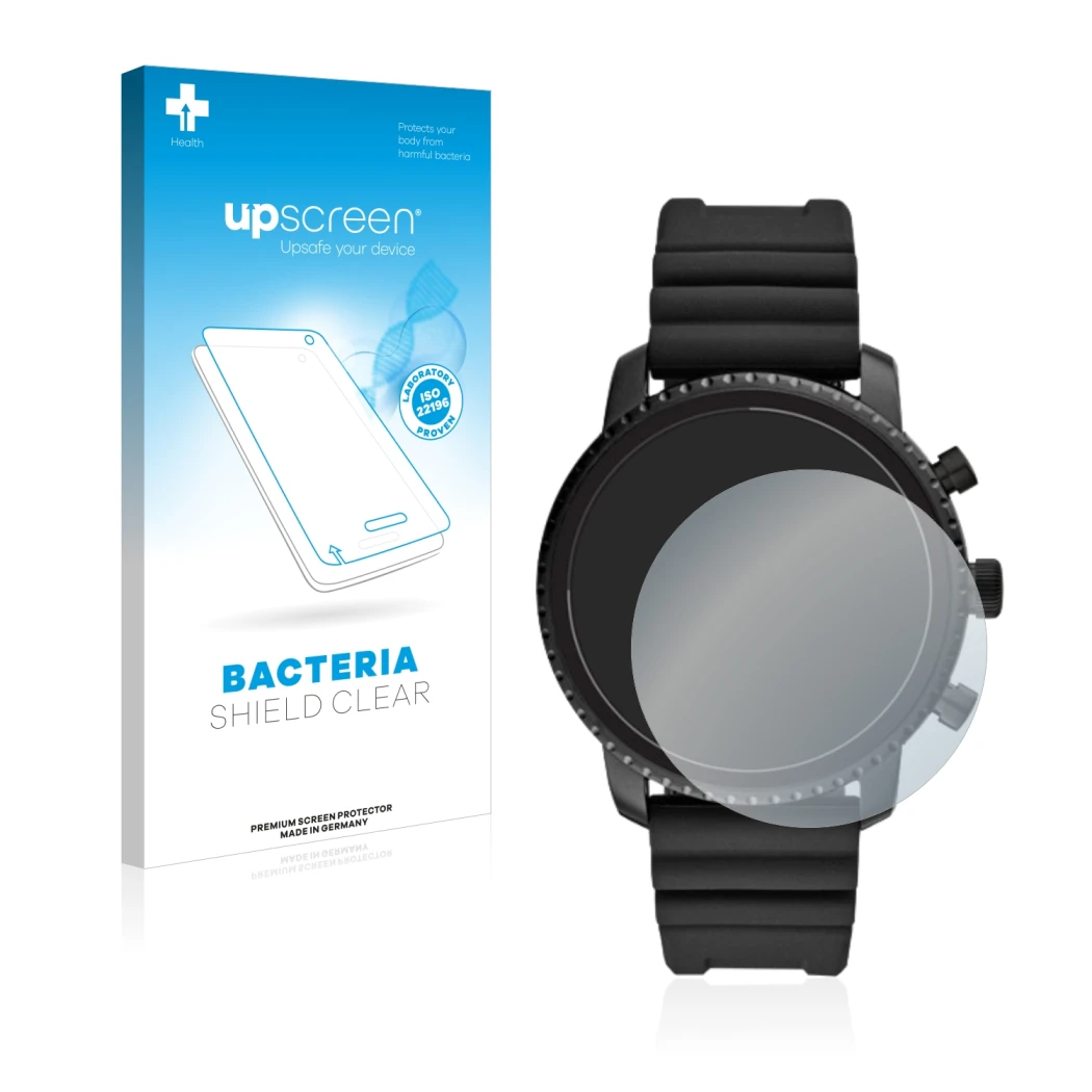 Face avant d’un emballage produit avec le logo de la marque upscreen. À côté, l’appareil Fossil Q Explorist HR (4.Gen) est rep