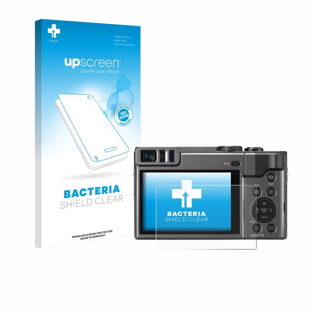 Face avant d’un emballage produit avec le logo de la marque upscreen. À côté, l’appareil Panasonic Lumix DC-TZ90 est représent