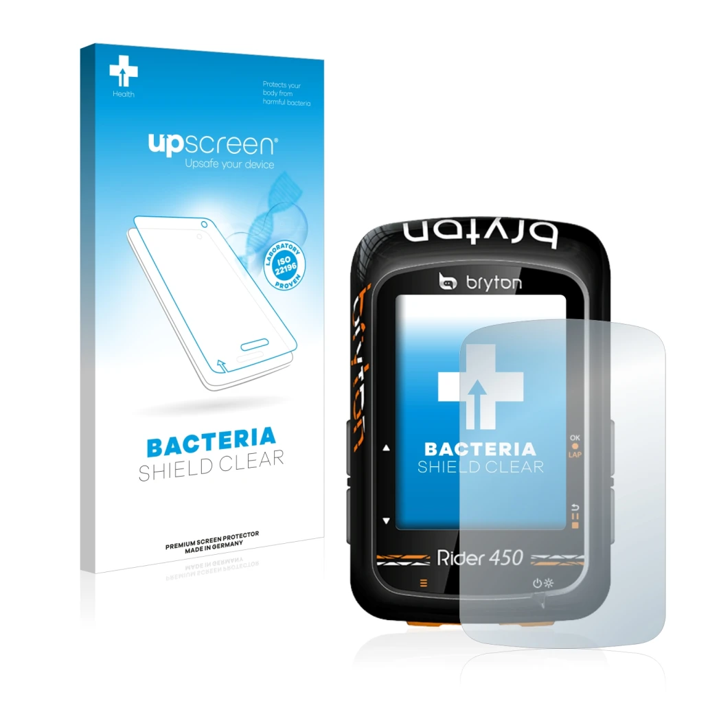 Face avant d’un emballage produit avec le logo de la marque upscreen. À côté, l’appareil Bryton Rider 450 est représenté avec 
