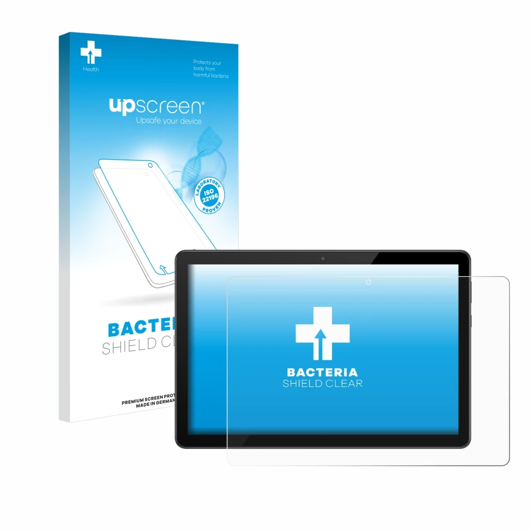 Face avant d’un emballage produit avec le logo de la marque upscreen. À côté, l’appareil Huawei MediaPad T5 10 est représenté