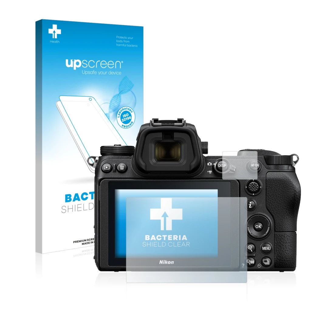 Face avant d’un emballage produit avec le logo de la marque upscreen. À côté, l’appareil Nikon Z 6 est représenté avec la prot