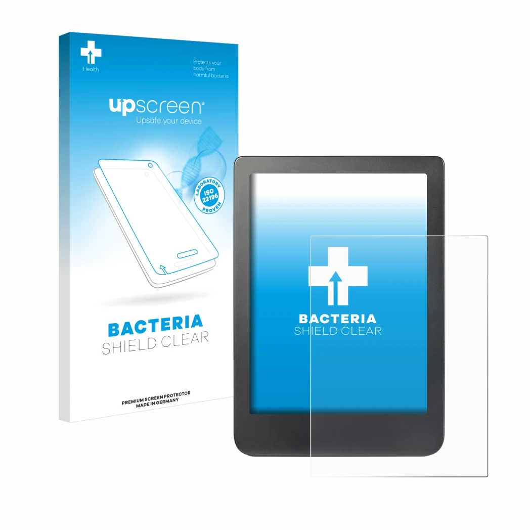 Face avant d’un emballage produit avec le logo de la marque upscreen. À côté, l’appareil Kobo Clara HD (6