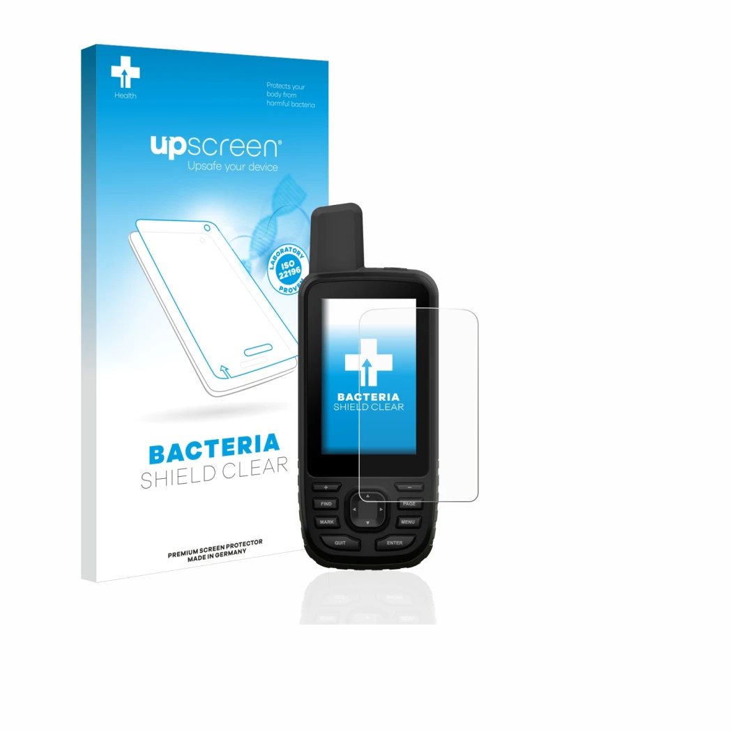 Face avant d’un emballage produit avec le logo de la marque upscreen. À côté, l’appareil Garmin GPSMAP 66s est représenté avec