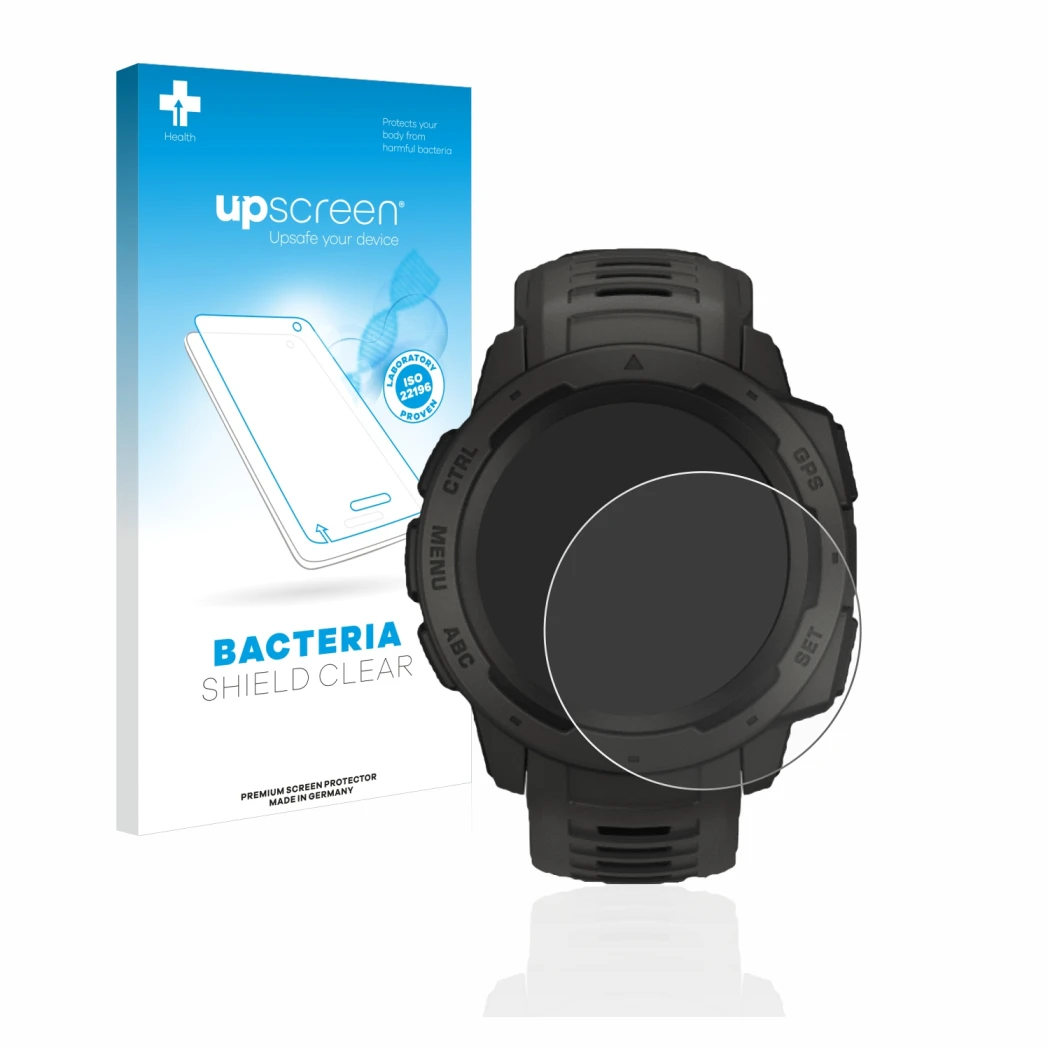 Face avant d’un emballage produit avec le logo de la marque upscreen. À côté, l’appareil Garmin Instinct est représenté avec l