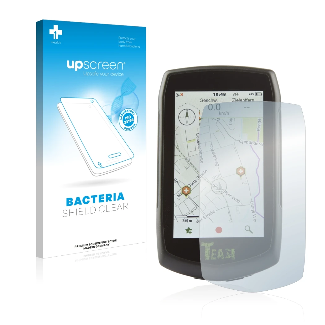 Face avant d’un emballage produit avec le logo de la marque upscreen. À côté, l’appareil A-Rival Teasi One4 est représenté ave