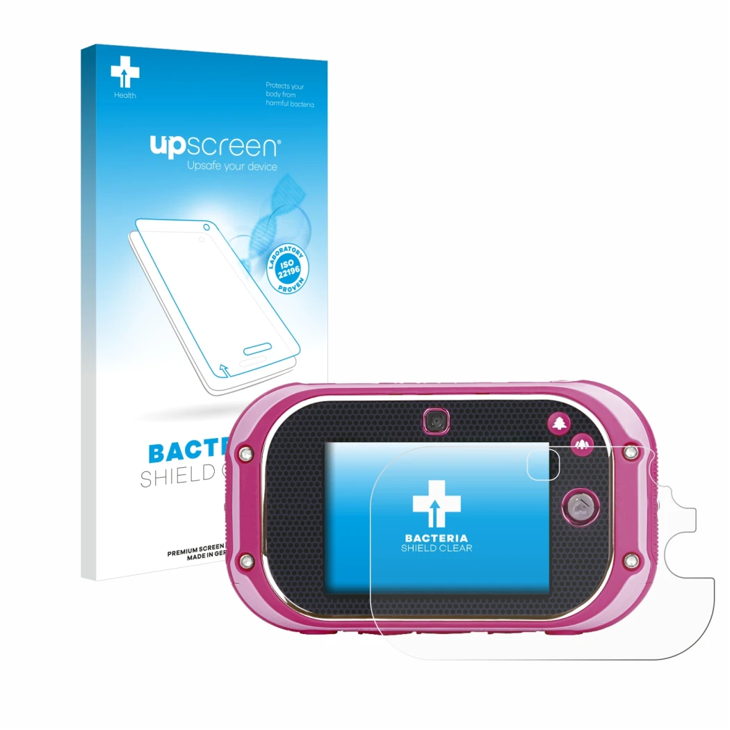Face avant d’un emballage produit avec le logo de la marque upscreen. À côté, l’appareil Vtech Kidizoom Touch 5.0 2018 est rep