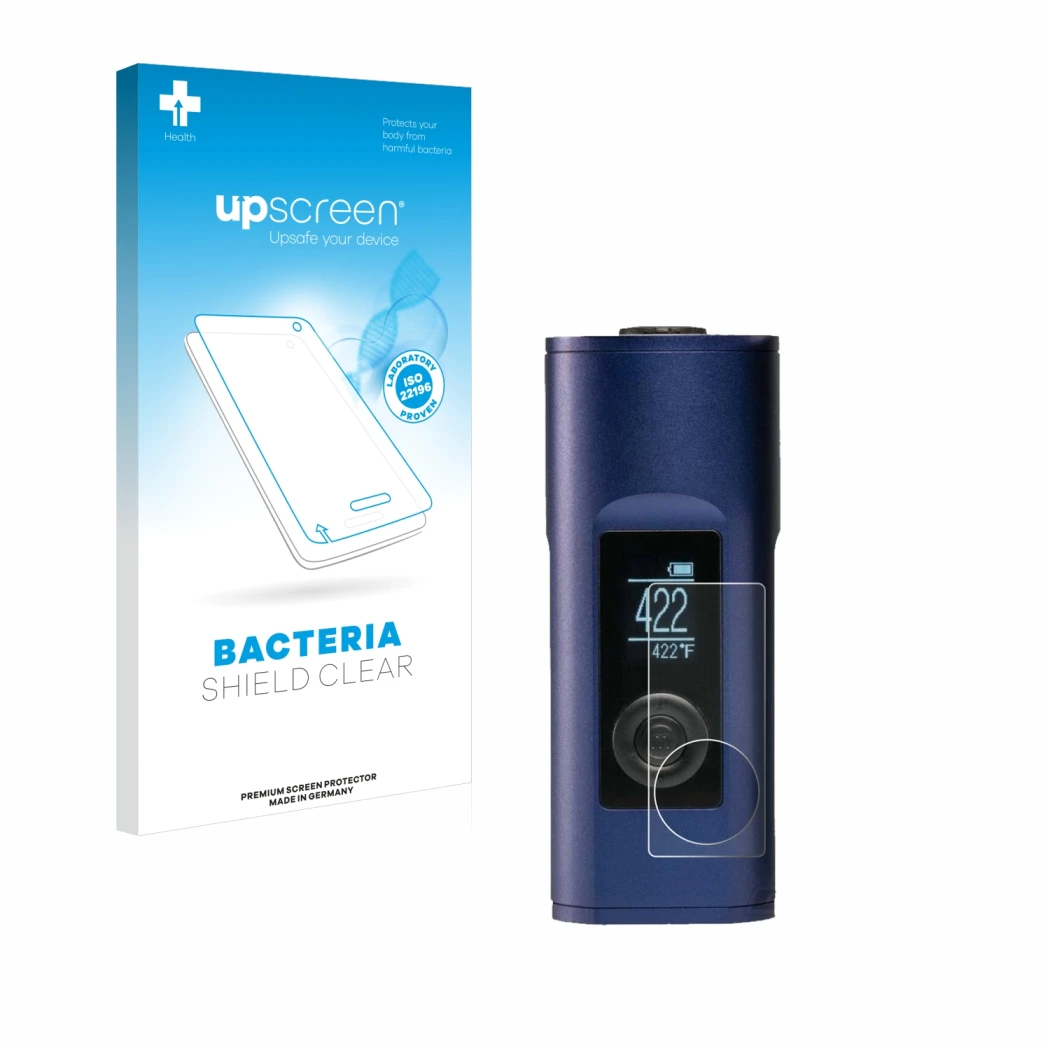 Face avant d’un emballage produit avec le logo de la marque upscreen. À côté, l’appareil Arizer Solo 2 est représenté avec la 