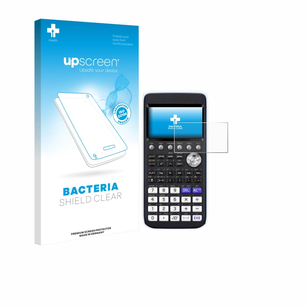 Face avant d’un emballage produit avec le logo de la marque upscreen. À côté, l’appareil Casio FX-CG50 est représenté avec la 