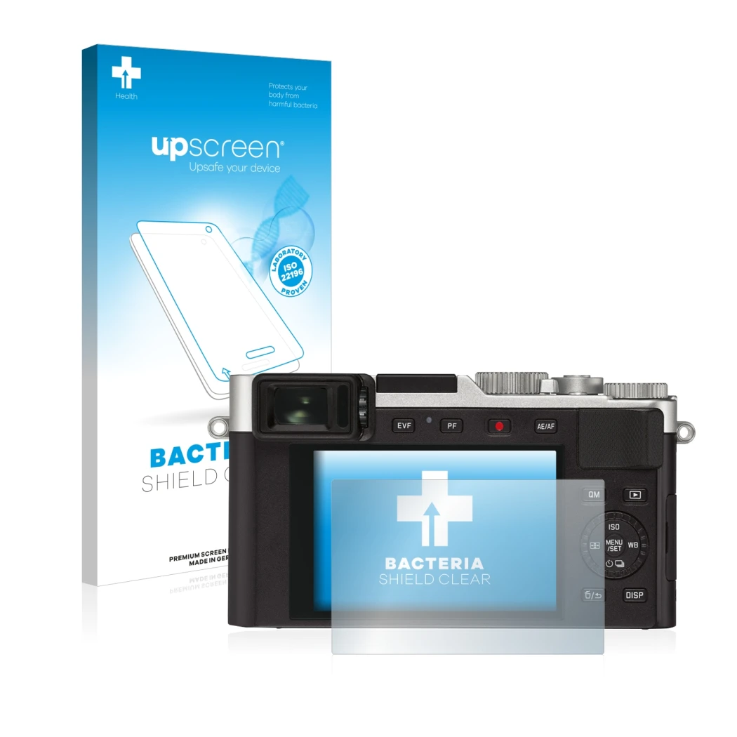 Face avant d’un emballage produit avec le logo de la marque upscreen. À côté, l’appareil Leica D-Lux 7 est représenté avec la 