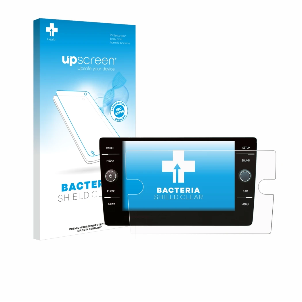 Face avant d’un emballage produit avec le logo de la marque upscreen. À côté, l’appareil Volkswagen Golf 7 2019 Discover Media