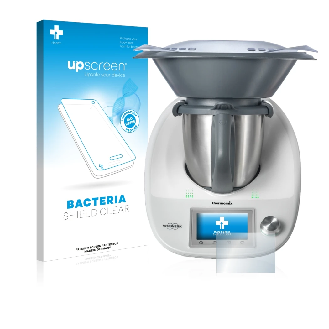 Face avant d’un emballage produit avec le logo de la marque upscreen. À côté, l’appareil Vorwerk Bimby TM5 est représenté avec