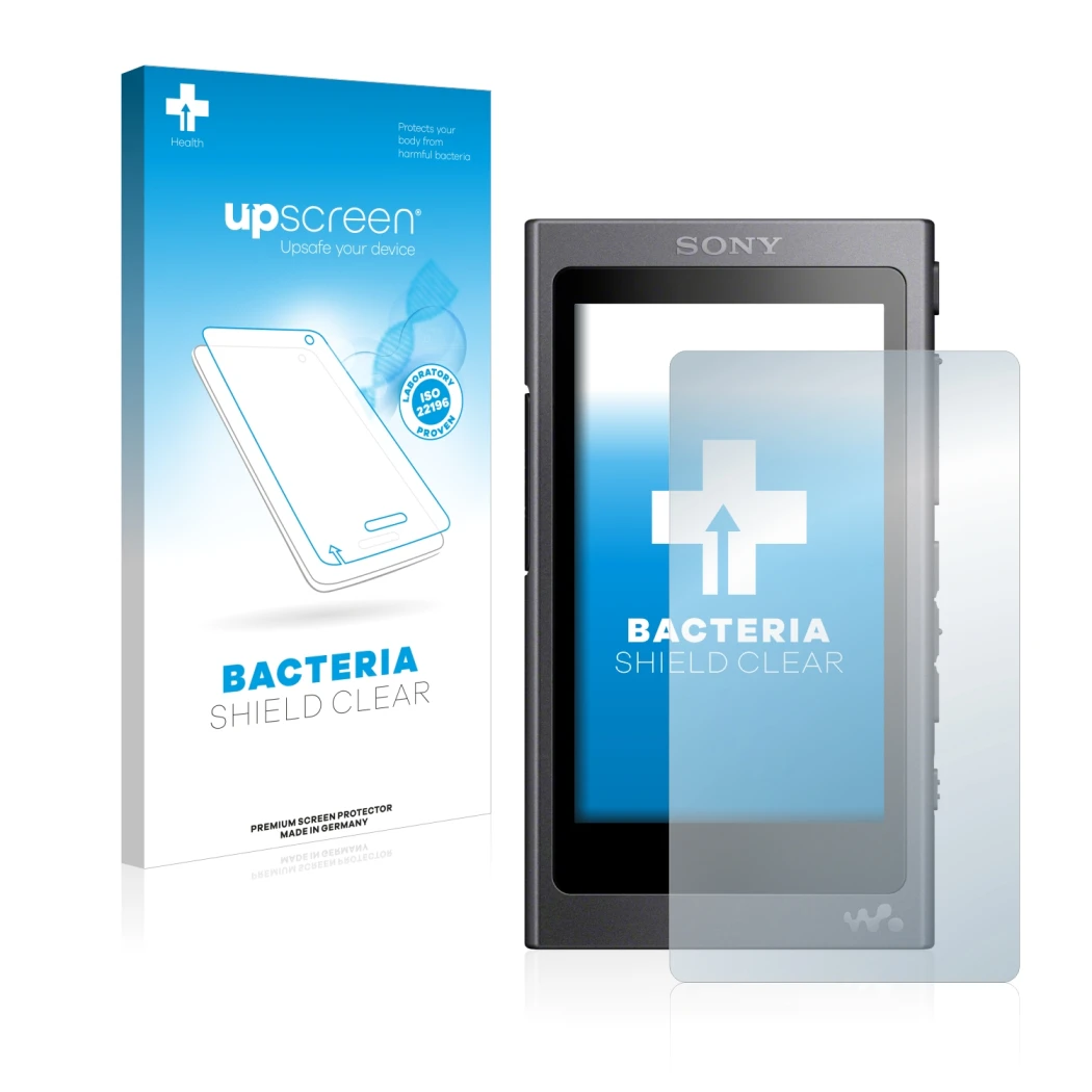 Face avant d’un emballage produit avec le logo de la marque upscreen. À côté, l’appareil Sony Walkman A40 est représenté avec 